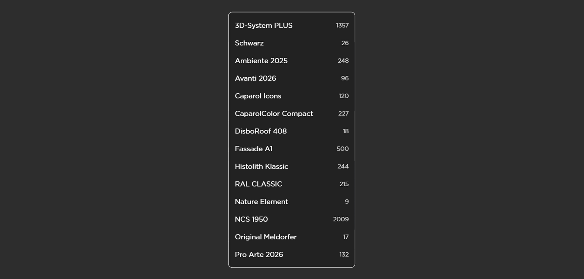 Screen Beispiel der Spectrum App: Große Farbton- und Oberflächenvielfalt
